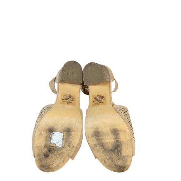 Express Tan Faux Suede Perforated Open Toe Ankle Strap Block Heel Women SZ 6 - Picture 4 of 14